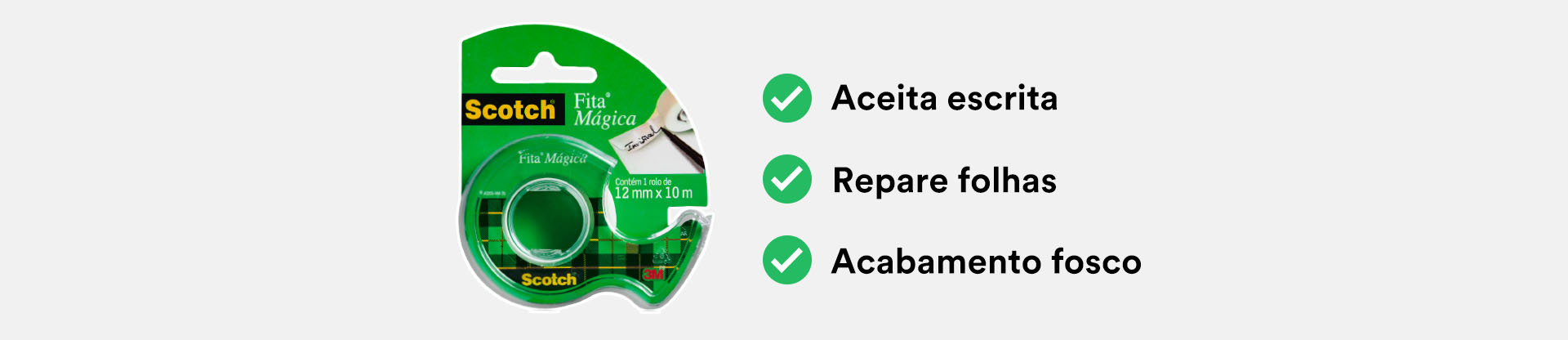 Banner com foto de pacote e 3 reivindicações de fita mágica.