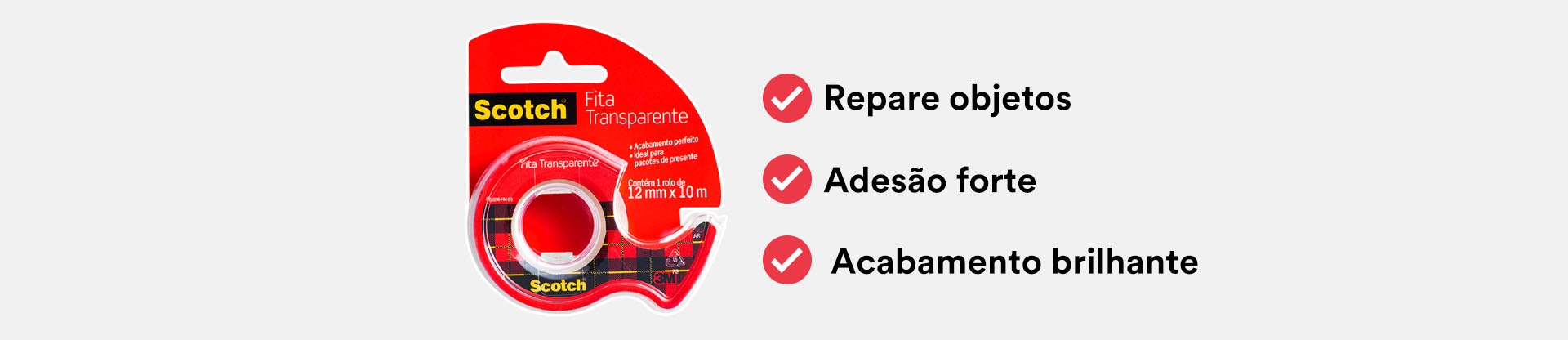 Banner com foto e 3 reivindicações de fita super adesiva.